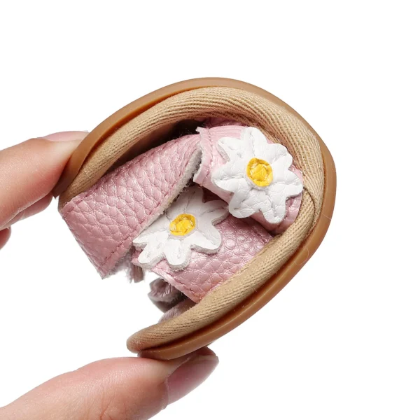 Baby Girls Anti-slip Flat Shoes, Floral Applique Pattern Soft Sole Sandals, White/ Golden/ Pink - Image 4