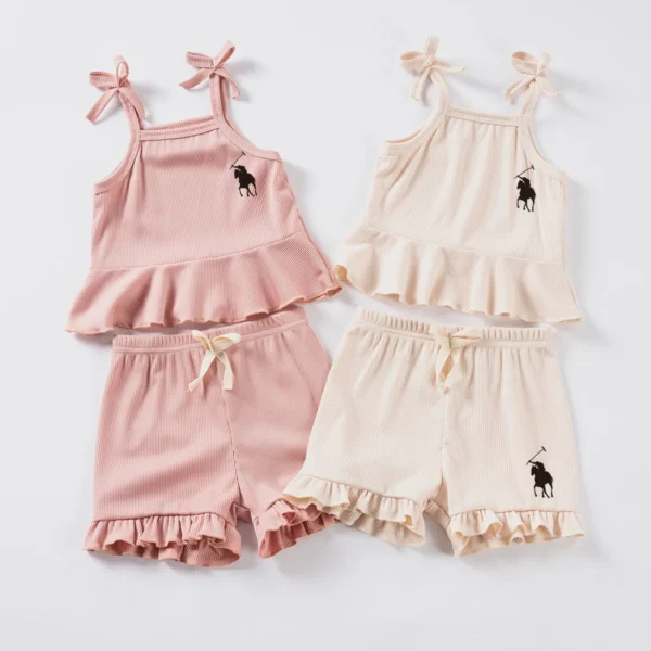 2024 Summer Baby Girl Breathable Printed 2pcs Camisole Bow Tops + Casual Shorts Set Cute Small Fresh Style Daily