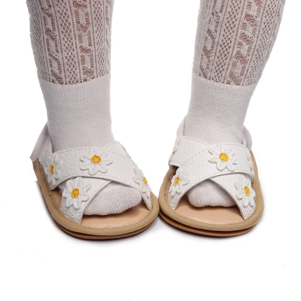 Baby Girls Anti-slip Flat Shoes, Floral Applique Pattern Soft Sole Sandals, White/ Golden/ Pink - Image 6