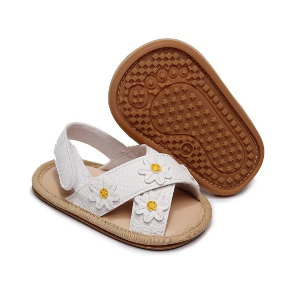 Baby Girls Anti-slip Flat Shoes, Floral Applique Pattern Soft Sole Sandals, White/ Golden/ Pink - Image 9