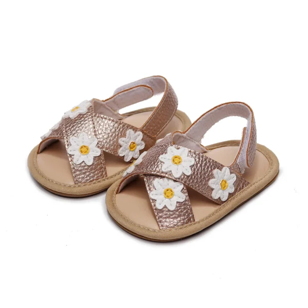 Baby Girls Anti-slip Flat Shoes, Floral Applique Pattern Soft Sole Sandals, White/ Golden/ Pink - Image 10