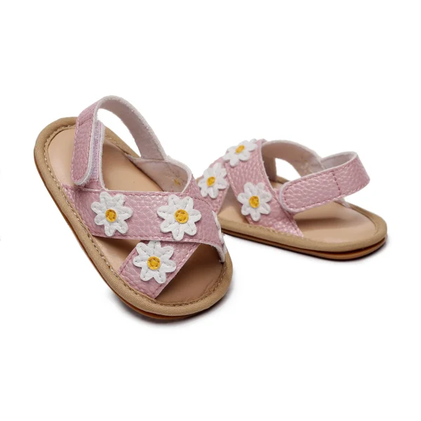 Baby Girls Anti-slip Flat Shoes, Floral Applique Pattern Soft Sole Sandals, White/ Golden/ Pink - Image 2